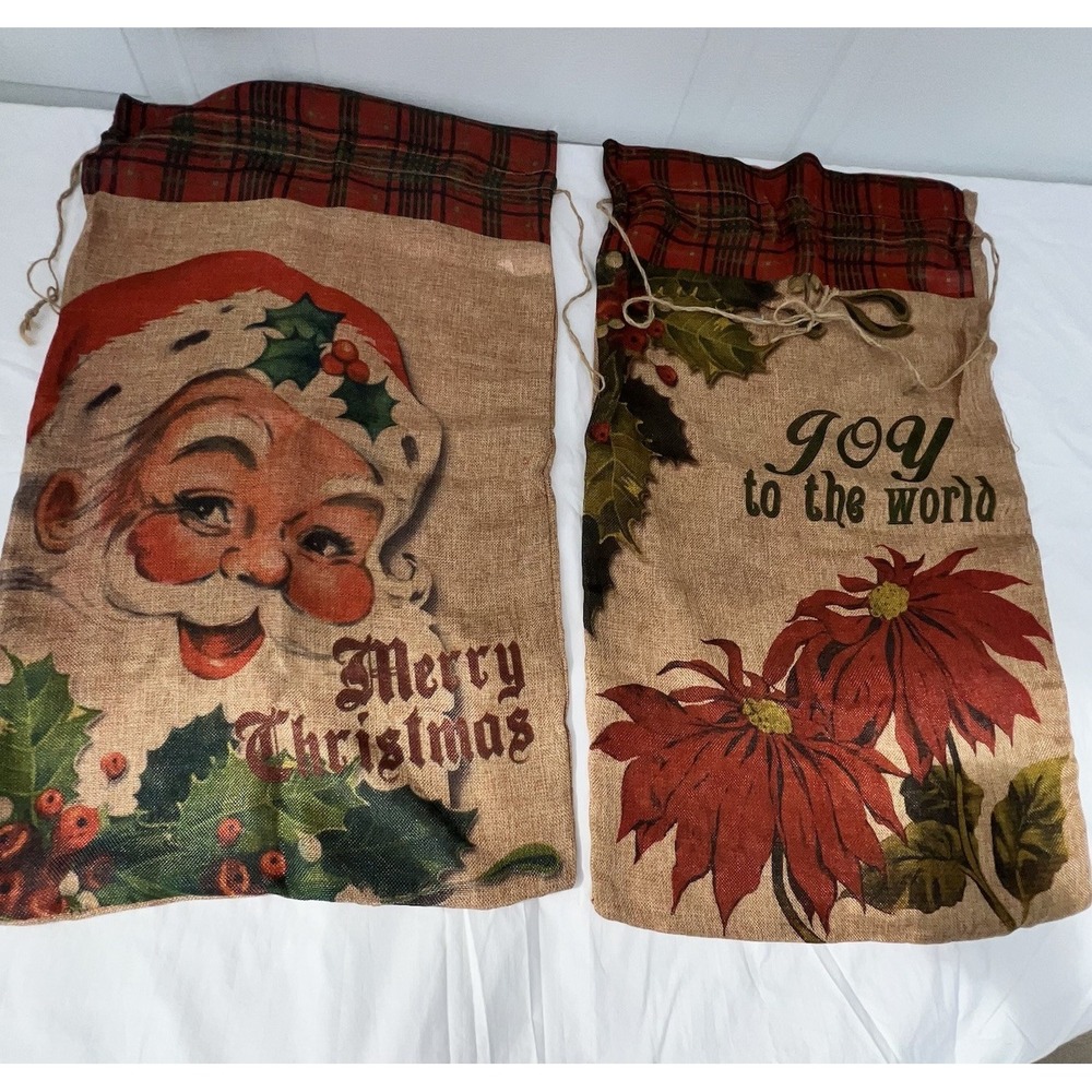 2 Vintage Jute Burlap Christmas Gift Bags Large Santa Joy Rustic Country Brown